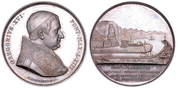 STATO PONTIFICIO. GREGORIO XVI (Bartolomeo Alberto Cappellari), 1831-1846. Medaglia annuale in argento 1843/A. XIII. Sistemazione del porto di Terracina.