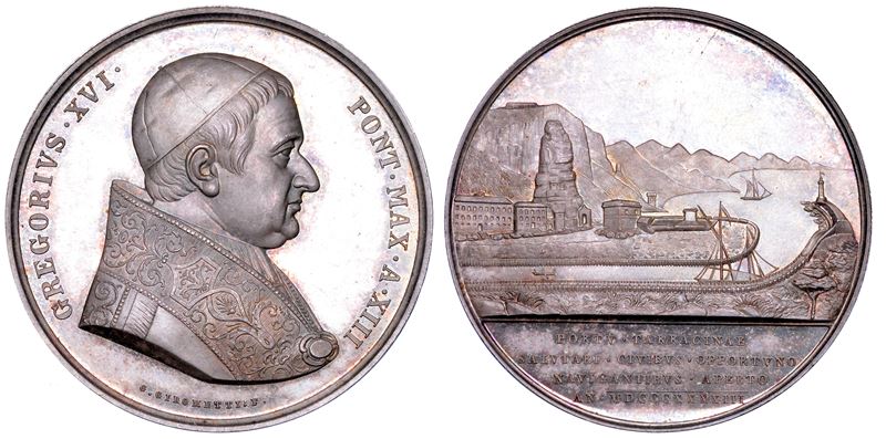STATO PONTIFICIO. GREGORIO XVI (Bartolomeo Alberto Cappellari), 1831-1846. Medaglia annuale in argento 1843/A. XIII. Sistemazione del porto di Terracina.  - Auction Numismatics - Medals and popes - II - Cambi Casa d'Aste