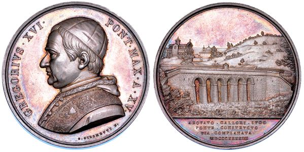 STATO PONTIFICIO. GREGORIO XVI (Bartolomeo Alberto Cappellari), 1831-1846. Medaglia annuale in argento 1845/A. XV. Costruzione del ponte di Galloro.