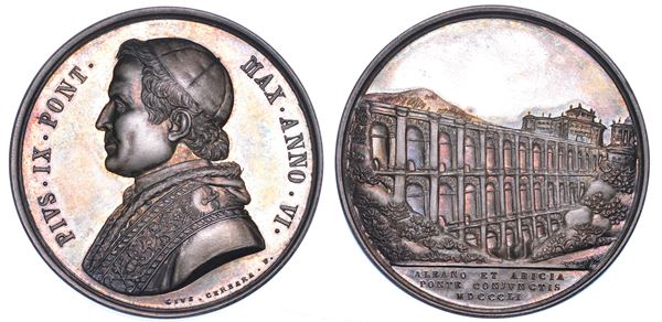STATO PONTIFICIO. PIO IX (Giovanni Maria Mastai Ferretti), 1846-1878. Medaglia annuale in argento 1851/A. VI. Costruzione del ponte di Ariccia.