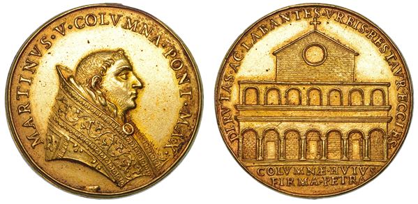 STATO PONTIFICIO. MARTINO V (Oddone Colonna), 1417-1431 Medaglia di restituzione in bronzo dorato (circa 1664). I restauri e la ricostruzione delle chiese romane in rovina.