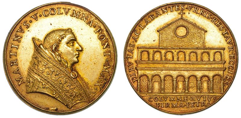 STATO PONTIFICIO. MARTINO V (Oddone Colonna), 1417-1431 Medaglia di restituzione in bronzo dorato (circa 1664). I restauri e la ricostruzione delle chiese romane in rovina.  - Auction Numismatics - Medals and popes - II - Cambi Casa d'Aste