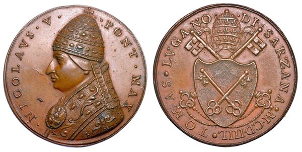 STATO PONTIFICIO. NICCOLO' V (Tomaso Parentucelli), 1447-1455. Medaglia di restituzione in bronzo (fine XVII sec.). Elezione al pontificato.