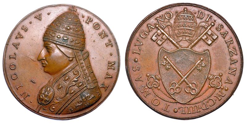 STATO PONTIFICIO. NICCOLO' V (Tomaso Parentucelli), 1447-1455. Medaglia di restituzione in bronzo (fine XVII sec.). Elezione al pontificato.  - Auction Numismatics - Medals and popes - II - Cambi Casa d'Aste