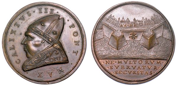 STATO PONTIFICIO. CALLISTO III (Alonso de Borja di Torre de Canals), 1455-1458. Medaglia di restituzione in bronzo (circa 1664). Completamento delle fortificazioni di Roma.