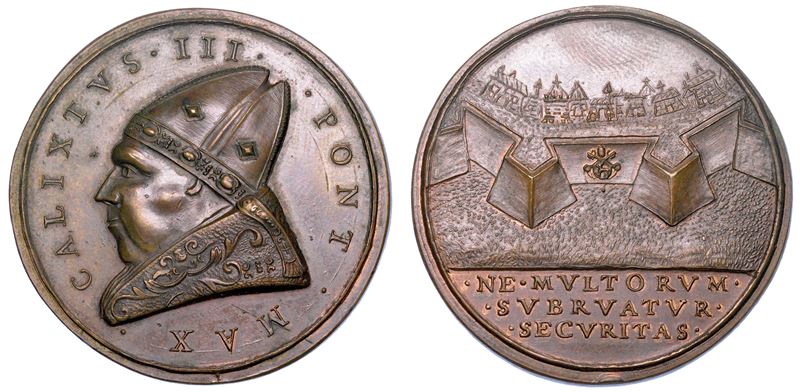 STATO PONTIFICIO. CALLISTO III (Alonso de Borja di Torre de Canals), 1455-1458. Medaglia di restituzione in bronzo (circa 1664). Completamento delle fortificazioni di Roma.  - Auction Numismatics - Medals and popes - II - Cambi Casa d'Aste
