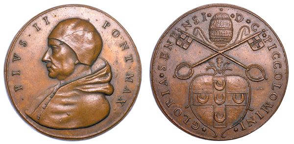 STATO PONTIFICIO. PIO II (Enea Silvio Bartolomeo Piccolomini), 1458-1464. Medaglia di restituzione in bronzo (circa 1664). Elezione al pontificato.