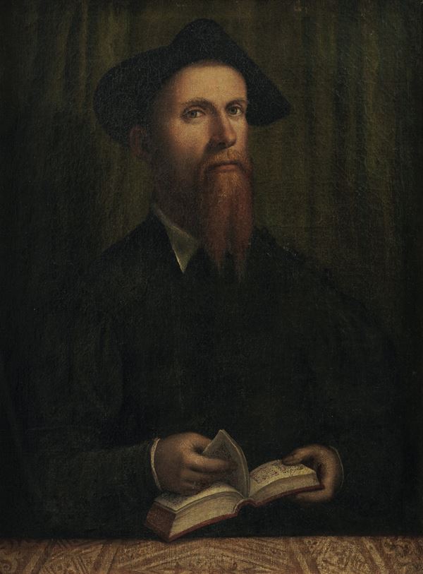 Scuola lombarda del XVI secolo Ritratto di gentiluomo in nero con libro