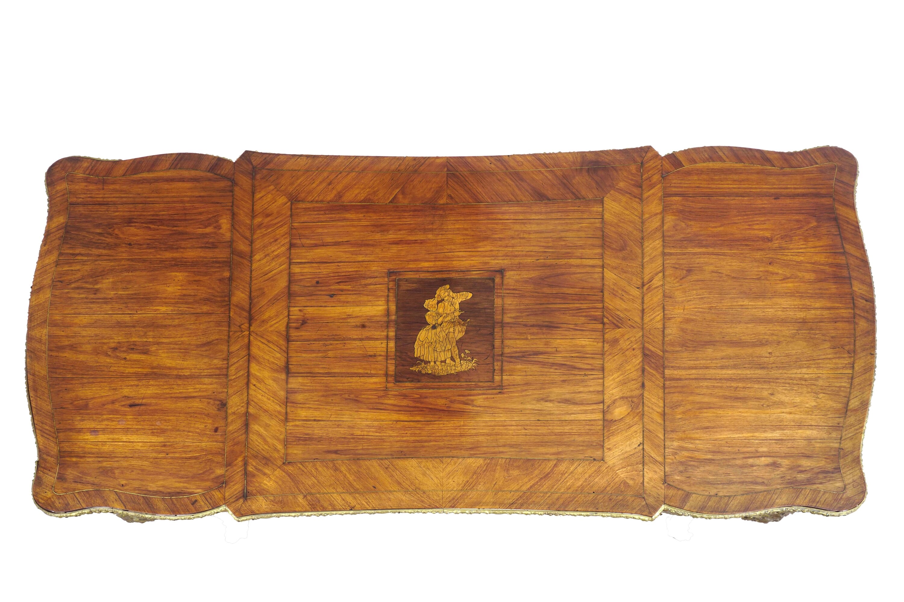 Due consoles di gusto Luigi XV, XX secolo, lastronate in bois de rose con applicazioni in bronzo ...
