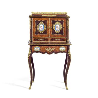 Bonheur du jour, lastronato in bois de rose e palissandro con placche in porcellana policroma
