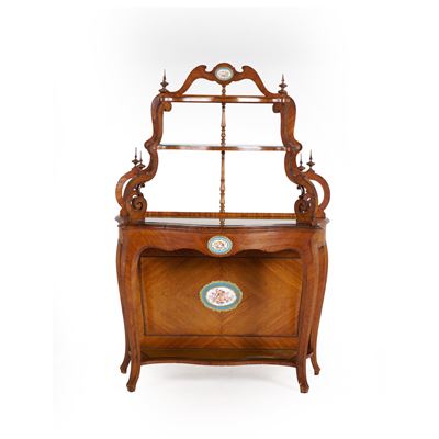 Console con Étagere a Più Ripiani Lastronata in Bois De Rose e Ornata con Placche Ovali in Porcel...