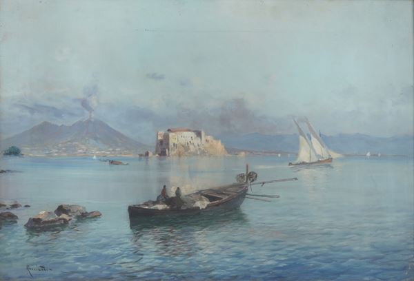 Marina a Napoli con veduta di Castel dell'Ovo e Vesuvio sullo sfondo