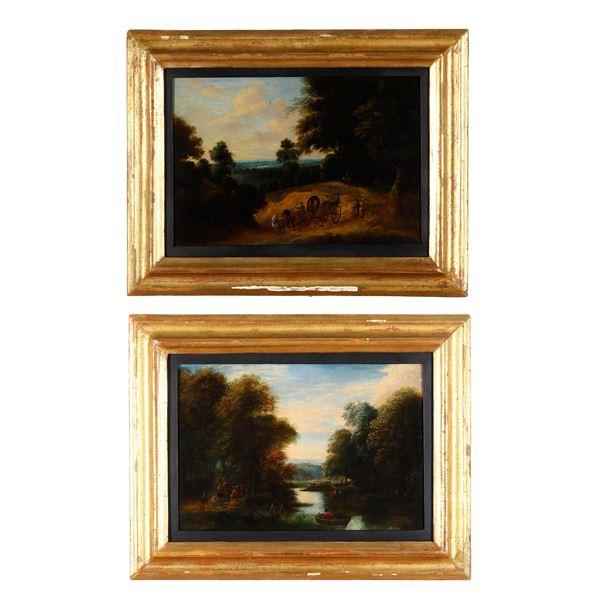 Scuola fiamminga del XVII/XVIII secolo Vedute di paesaggi con figure