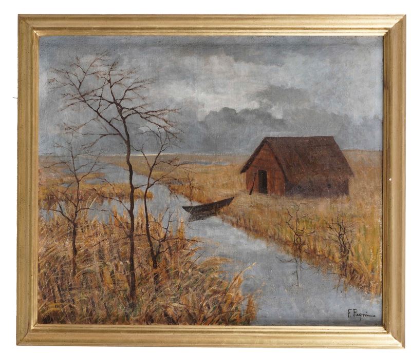 Anonimo XIX - XX secolo Paesaggio fluviale  - olio su tela - Asta Antiquariato - Cambi Casa d'Aste