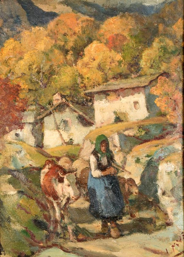 Contadina con mucche e pecore