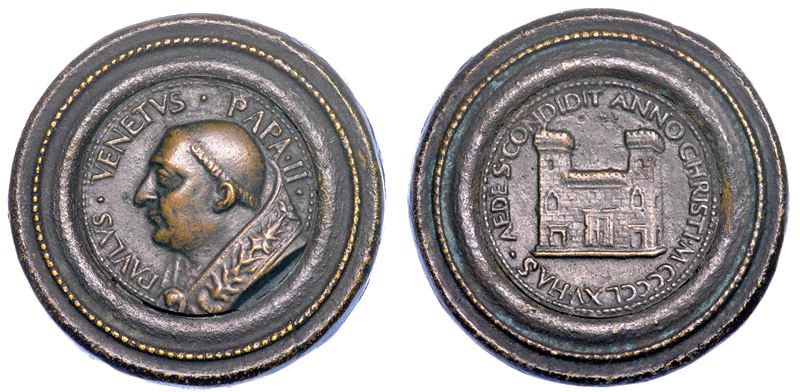 STATO PONTIFICIO. PAOLO II (Pietro Barbo), 1464-1471. Medaglia in bronzo con doppia cornice modanata 1465. Costruzione di Palazzo Venezia.  - Auction Numismatics - Medals and popes - II - Cambi Casa d'Aste