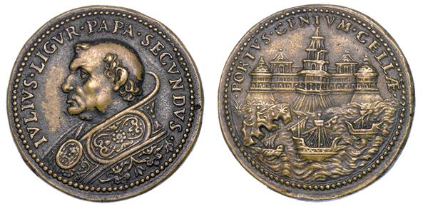 STATO PONTIFICIO. GIULIO II (Giuliano della Rovere), 1503-1513. Medaglia di restituzione coniata (metà del XVII secolo). Costruzione della Rocca Giulia di Civitavecchia.