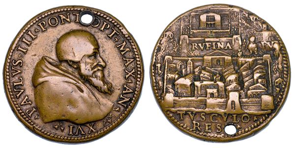 STATO PONTIFICIO. PAOLO III  (Alessandro Farnese), 1534-1549. Medaglia in bronzo A. XVI. Fortificazione e abbellimento della città di Frascati.