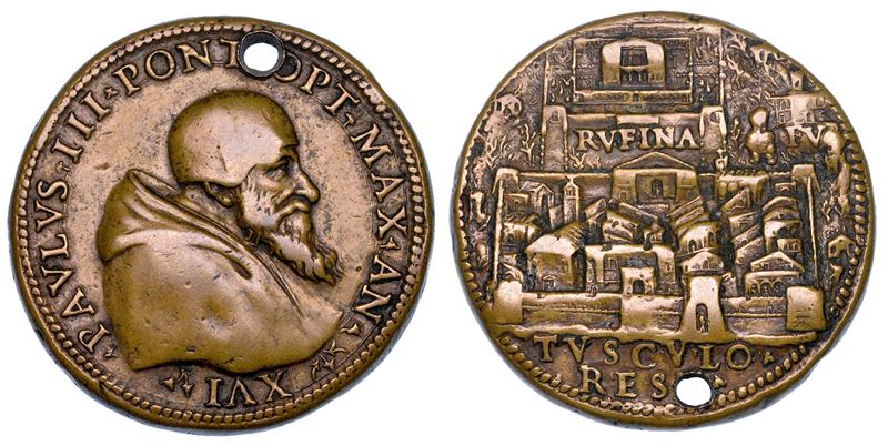 STATO PONTIFICIO. PAOLO III  (Alessandro Farnese), 1534-1549. Medaglia in bronzo A. XVI. Fortificazione e abbellimento della città di Frascati.  - Asta Numismatica - Medals and Popes - II - Cambi Casa d'Aste