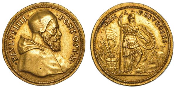 STATO PONTIFICIO. PAOLO IV  (Gian Pietro Carafa), 1555-1559. Medaglia in bronzo dorato. I provvedimenti di Paolo IV per risollevare Roma ed il popolo dai danni subiti dalla guerra contro gli spagnoli.