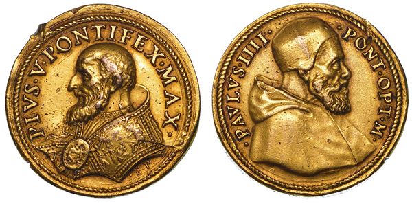 STATO PONTIFICIO. PIO V (Antonio Ghislieri), 1566-1572. Medaglia in bronzo dorato. Commemorazione di Paolo IV.