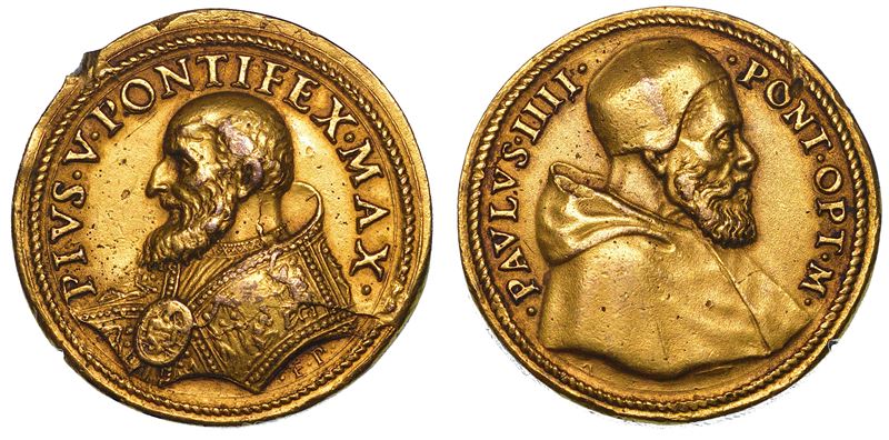 STATO PONTIFICIO. PIO V (Antonio Ghislieri), 1566-1572. Medaglia in bronzo dorato. Commemorazione di Paolo IV.  - Asta Numismatica - Medals and Popes - II - Cambi Casa d'Aste