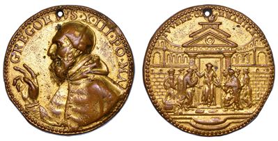 Stato Pontificio. Gregorio XIII (ugo Boncompagni), 1572-1585. Medaglia in Bronzo Dorato. Rifondaz...