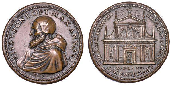 STATO PONTIFICIO. PIO V (Antonio Ghislieri), 1566-1572. Medaglia in bronzo 1571/A. VI. Consacrazione della chiesa di Santa Croce a Boscomarengo.