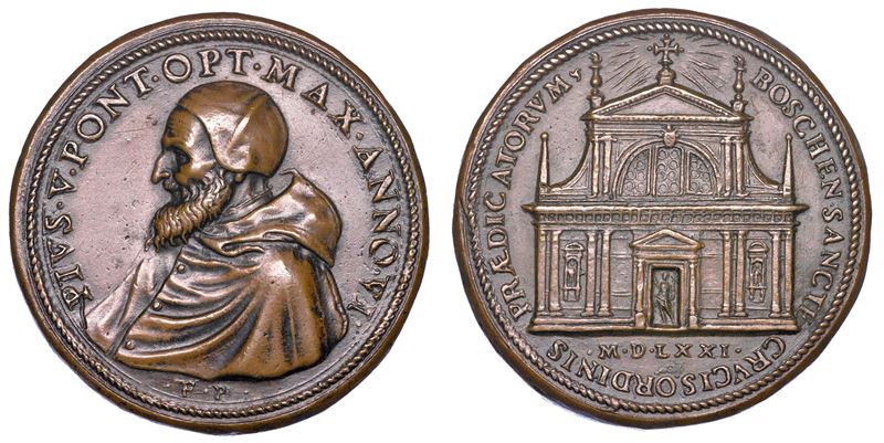 STATO PONTIFICIO. PIO V (Antonio Ghislieri), 1566-1572. Medaglia in bronzo 1571/A. VI. Consacrazione della chiesa di Santa Croce a Boscomarengo.  - Auction Numismatics - Medals and popes - II - Cambi Casa d'Aste