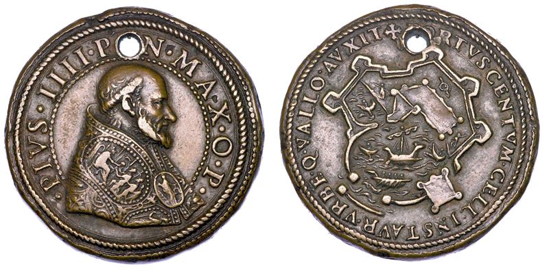 STATO PONTIFICIO. PIO IV (Gian Angelo Medici), 1559-1565. Medaglia in bronzo. Le fortificazioni di Civitavecchia.  - Auction Numismatics - Medals and popes - II - Cambi Casa d'Aste