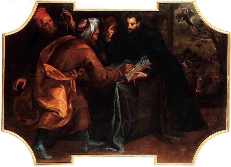 Scuola del XVII secolo San Paolo ad Efeso che promuove il rogo dei libri di magia  - olio su tela sagomata - Asta Dipinti Antichi - I - Cambi Casa d'Aste