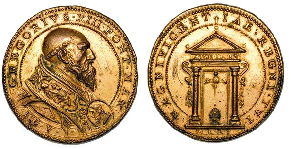 STATO PONTIFICIO GREGORIO XIII (Ugo Boncompagni), 1572-1585 Medaglia in bronzo dorato 1575/A. III. Anno Santo del 1575.
