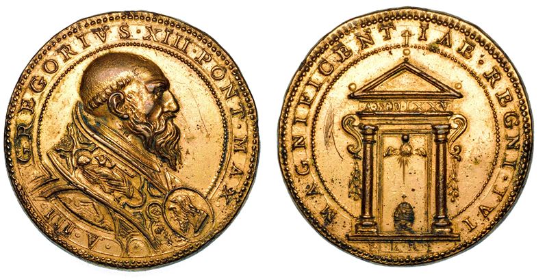 STATO PONTIFICIO GREGORIO XIII (Ugo Boncompagni), 1572-1585 Medaglia in bronzo dorato 1575/A. III. Anno Santo del 1575.  - Asta Numismatica - Medals and Popes - II - Cambi Casa d'Aste