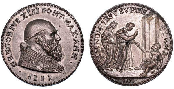 STATO PONTIFICIO GREGORIO XIII (Ugo Boncompagni), 1572-1585 Medaglia in bronzo argentato 1575/A. IIII. Anno Santo del 1575.