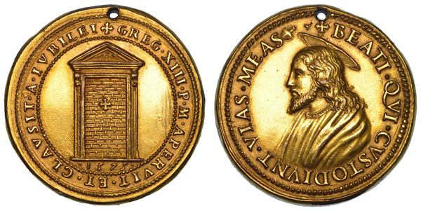 STATO PONTIFICIO GREGORIO XIII (Ugo Boncompagni), 1572-1585 Medaglia in bronzo dorato 1575 (A. III). Anno Santo del 1575, chiusura della Porta Santa
