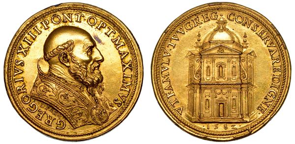 STATO PONTIFICIO GREGORIO XIII (Ugo Boncompagni), 1572-1585 Medaglia in bronzo dorato 1582. Costruzione della chiesa di San Gregorio Magno a Monte Porzio Catone.