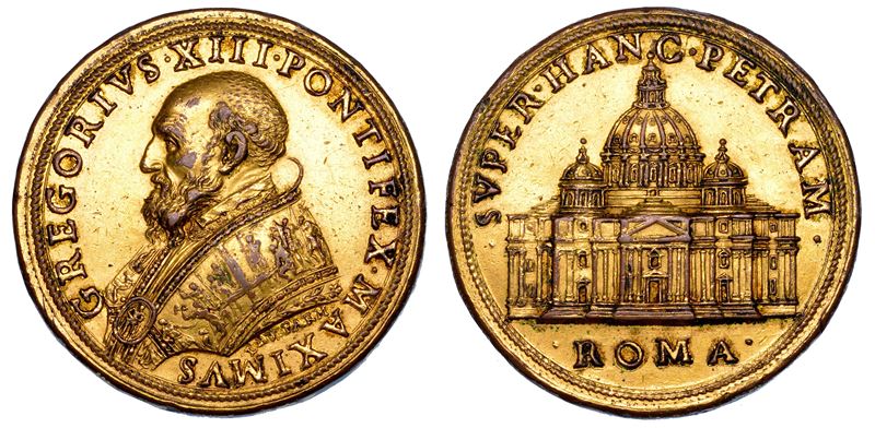 STATO PONTIFICIO GREGORIO XIII (Ugo Boncompagni), 1572-1585 Medaglia in bronzo dorato (1584). Lavori di costruzione della Basilica di San Pietro a Roma.  - Auction Numismatics - Medals and popes - II - Cambi Casa d'Aste