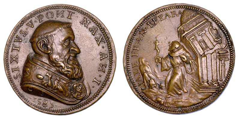 STATO PONTIFICIO. SISTO V (Felice Peretti), 1585-1590. Medaglia in bronzo 1585/A. I. Elezione al Pontificato.  - Auction Numismatics - Medals and popes - II - Cambi Casa d'Aste