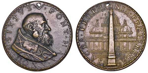 STATO PONTIFICIO. SISTO V (Felice Peretti), 1585-1590. Medaglia in bronzo 1586/A. II. Erezione dell'obelisco di Piazza San Pietro.