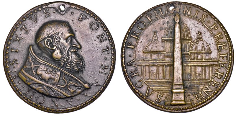 STATO PONTIFICIO. SISTO V (Felice Peretti), 1585-1590. Medaglia in bronzo 1586/A. II. Erezione dell'obelisco di Piazza San Pietro.  - Asta Numismatica - Medals and Popes - II - Cambi Casa d'Aste