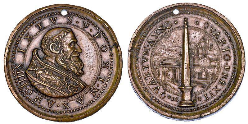 STATO PONTIFICIO. SISTO V (Felice Peretti), 1585-1590. Medaglia in bronzo 1588/A. IIII. Erezione dell'obelisco Flaminio.  - Auction Numismatics - Medals and popes - II - Cambi Casa d'Aste