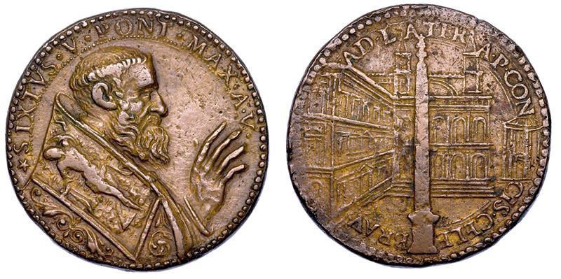 STATO PONTIFICIO. SISTO V (Felice Peretti), 1585-1590. Medaglia in bronzo A. V (1589). Completamento della ritrutturazione del complesso del Laterano.  - Auction Numismatics - Medals and popes - II - Cambi Casa d'Aste