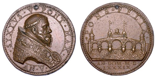 STATO PONTIFICIO. SISTO V (Felice Peretti), 1585-1590. Medaglia in bronzo 1589/A. V. Costruzione del Ponte Felice sul Tevere.