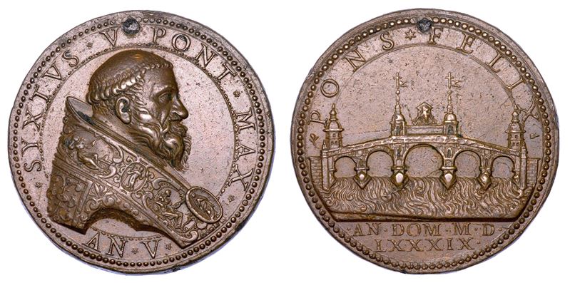 STATO PONTIFICIO. SISTO V (Felice Peretti), 1585-1590. Medaglia in bronzo 1589/A. V. Costruzione del Ponte Felice sul Tevere.  - Auction Numismatics - Medals and popes - II - Cambi Casa d'Aste