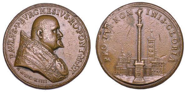 STATO PONTIFICIO. PAOLO V (Camillo Borghese), 1605-1621. Medaglia annuale in bronzo 1614/A. X. Sistemazione definitiva della colonna con la statua della Vergine collocata di fronte alla basilica di Santa Maria Maggiore.