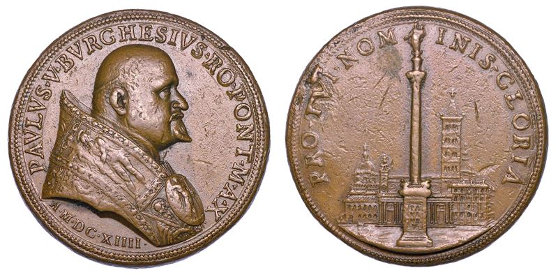 STATO PONTIFICIO. PAOLO V (Camillo Borghese), 1605-1621. Medaglia annuale in bronzo 1614/A. X. Sistemazione definitiva della colonna con la statua della Vergine collocata di fronte alla basilica di Santa Maria Maggiore.  - Asta Numismatica - Medals and Popes - II - Cambi Casa d'Aste