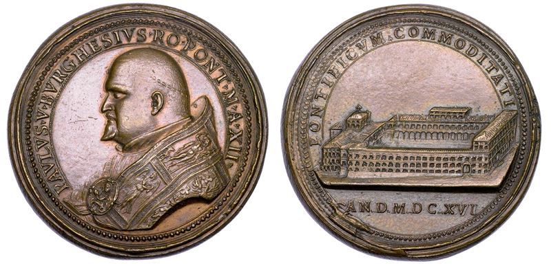 STATO PONTIFICIO. PAOLO V (Camillo Borghese), 1605-1621. Medaglia annuale in bronzo 1616/A. XII. Ampliamento del palazzo del Quirinale.  - Auction Numismatics - Medals and popes - II - Cambi Casa d'Aste