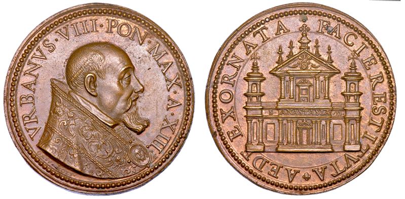 STATO PONTIFICIO. URBANO VIII (Maffeo Barberini), 1623-1644. Medaglia annuale in bronzo A. XIII (1636). Riedificazione della facciata della chiesa di Santa Anastasia a Roma.  - Auction Numismatics - Medals and popes - II - Cambi Casa d'Aste