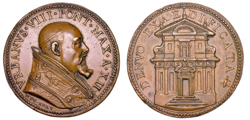 STATO PONTIFICIO. URBANO VIII (Maffeo Barberini), 1623-1644. Medaglia annuale in bronzo 1635/A. XII. Restauri della Chiesa di San Caio a Roma.  - Auction Numismatics - Medals and popes - II - Cambi Casa d'Aste