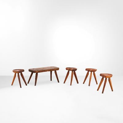 Set di Quattro Sgabelli e una Panca